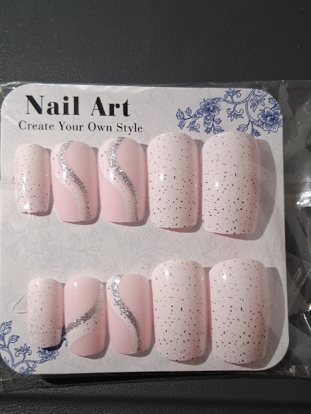 Press-On Nail Set in Light Pink with Silver Glitter Accent